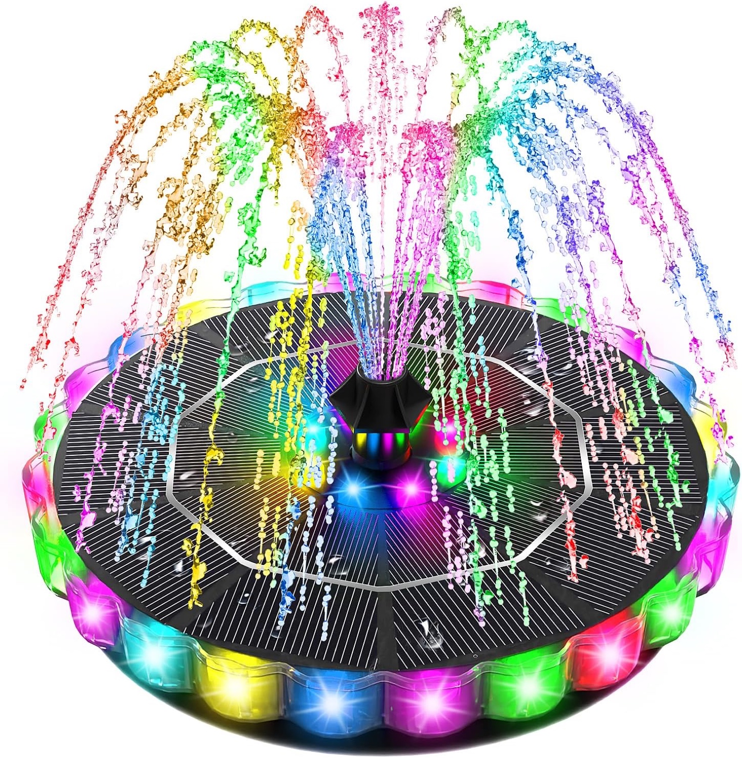 SZMP solar fountain floating in a bird bath spraying water in daylight