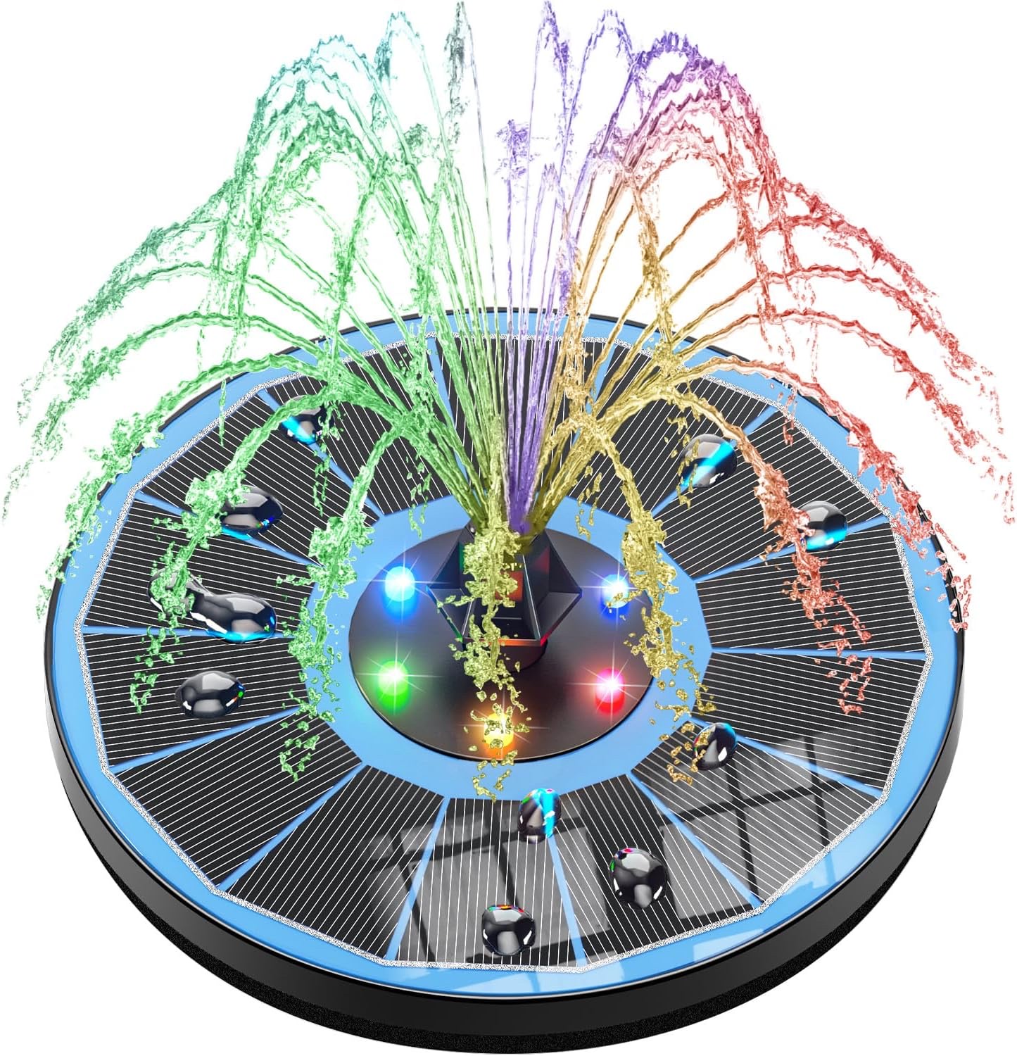 SZMP colourful solar fountain with a blue glass panel floating in a bird bath