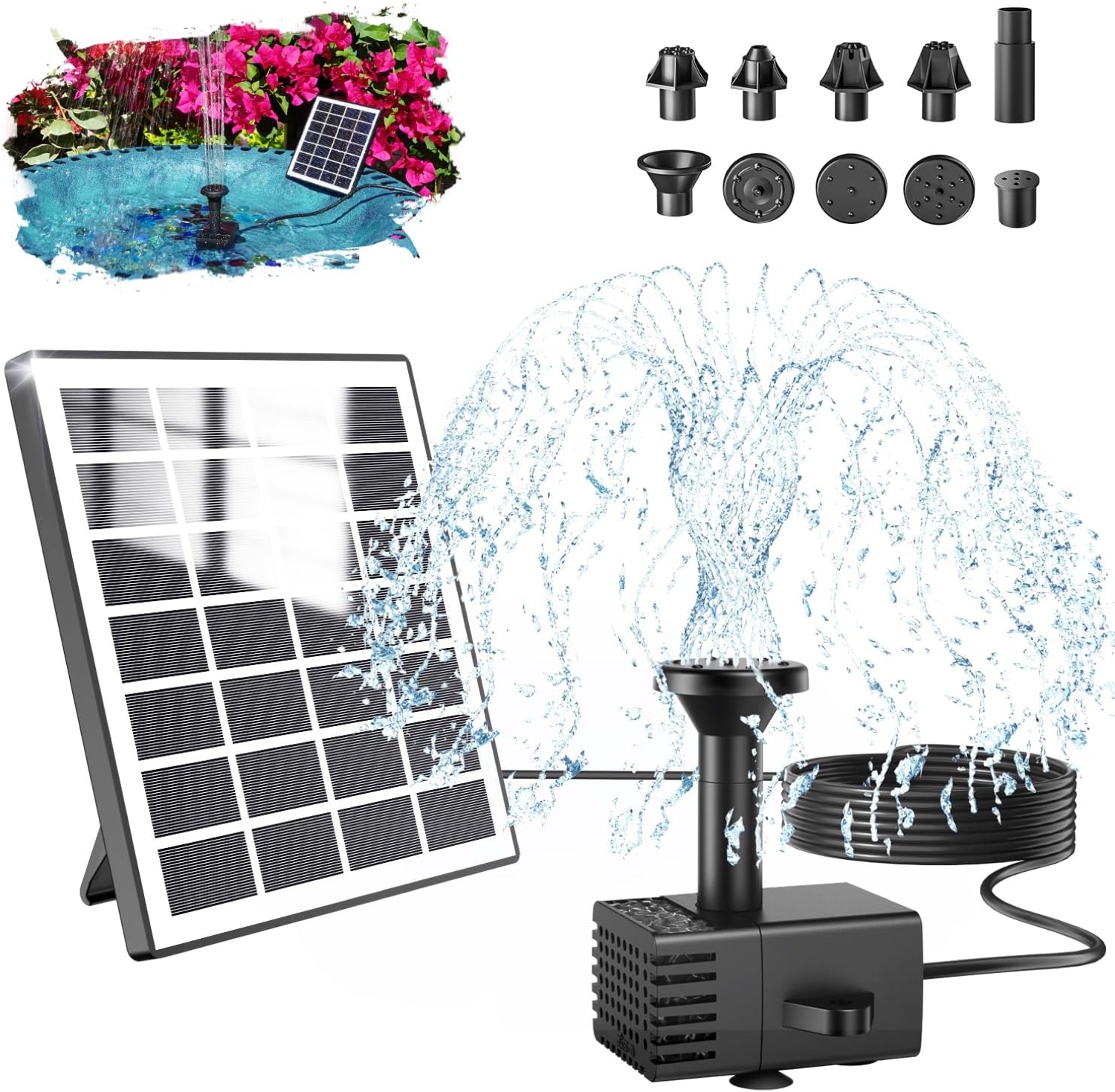 SZMP corded solar fountain with the glass panel in the sun and pump in a shaded bird bath